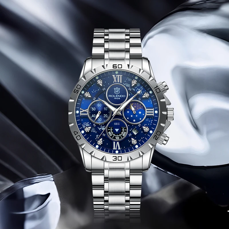 【黎莎专属】罗兰度品牌星航系列高奢夜光石英腕表蓝色