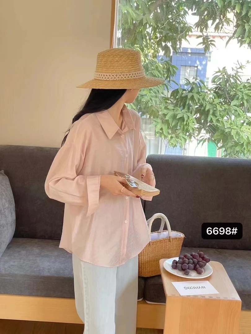 （肌理感天丝麻）韩系低饱和凉凉空调衬衫女夏长袖净色防晒衬衣外搭