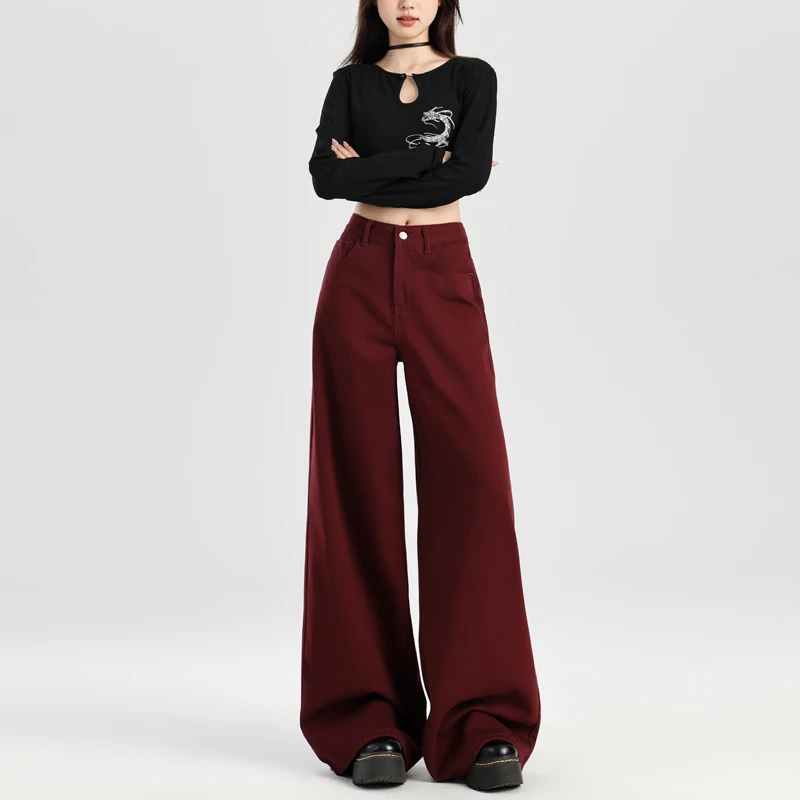 安哥拉红阔腿牛仔裤阔腿裤子新款高腰宽松显瘦百搭直筒拖地裤2230