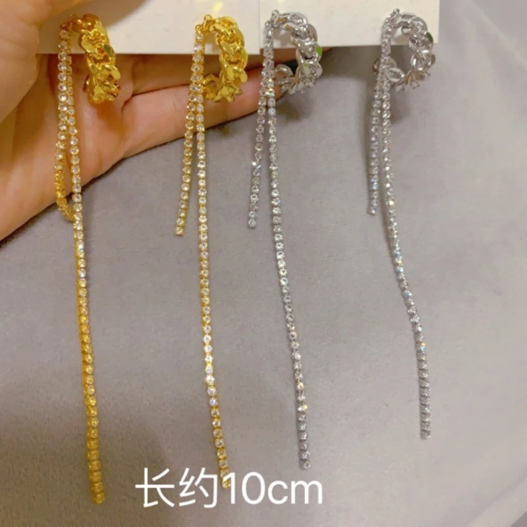 铜合金合成锆石耳饰 高级设计感链条镶锆石流苏气质时尚显脸小498