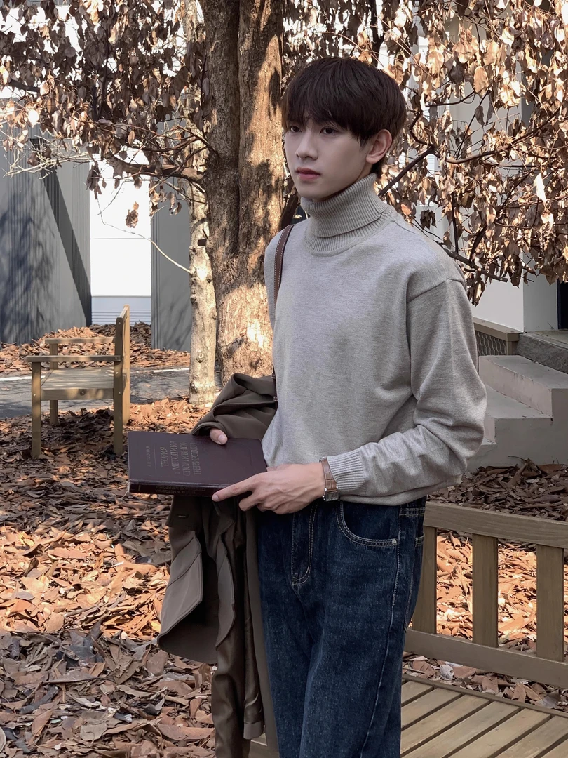 韩版秋冬季高级感情侣纯色休闲百搭潮流简约针织衫上衣高领毛衣