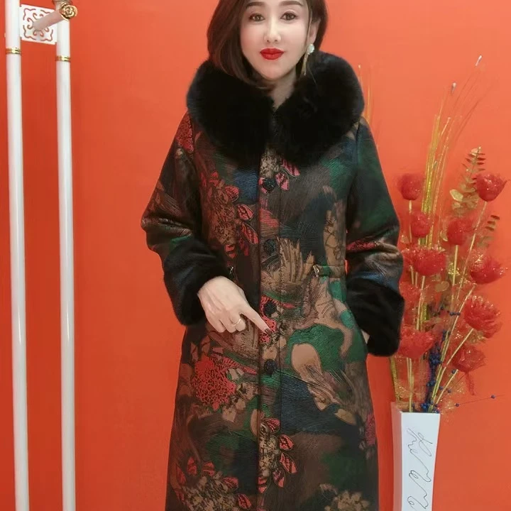 066花款一体绒连帽长款外套