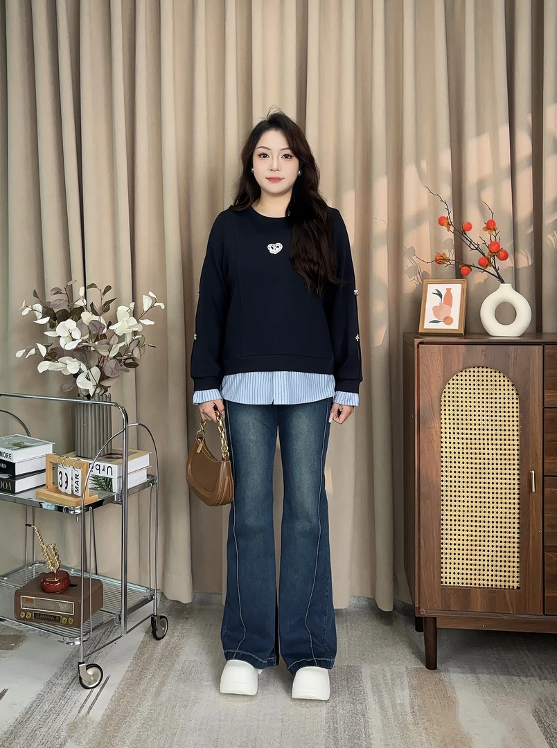 豆豆JXQ030大码女装胖mm秋气质时尚设计感假两件卫衣百搭显瘦遮肉