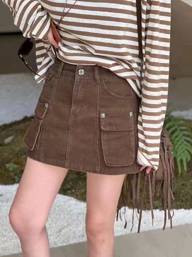 6299秋季新款欧货高腰显瘦口袋设计感小众牛仔半身裙短裤女