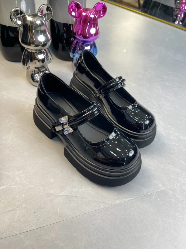 法式玛丽珍鞋2024新款增高小皮鞋女粗跟浅口蝴蝶水钻单鞋百搭秋季