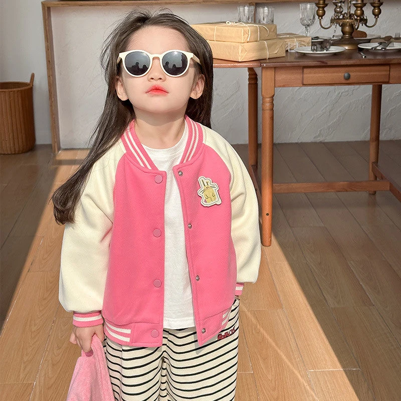 【清仓大促】2024新款春秋季女童韩版洋气插件棒球服甜美可爱拼接小