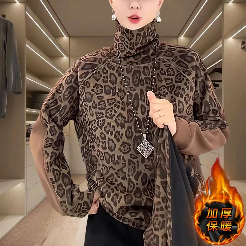 大码豹纹加厚款双面德绒长袖打底女款半高领时尚卫衣洋气保暖上衣