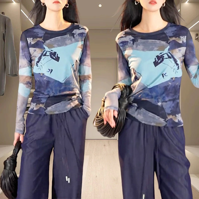 秋季高级感扎染打底衫内搭长袖T恤2025年小个子时尚洋气上衣女装