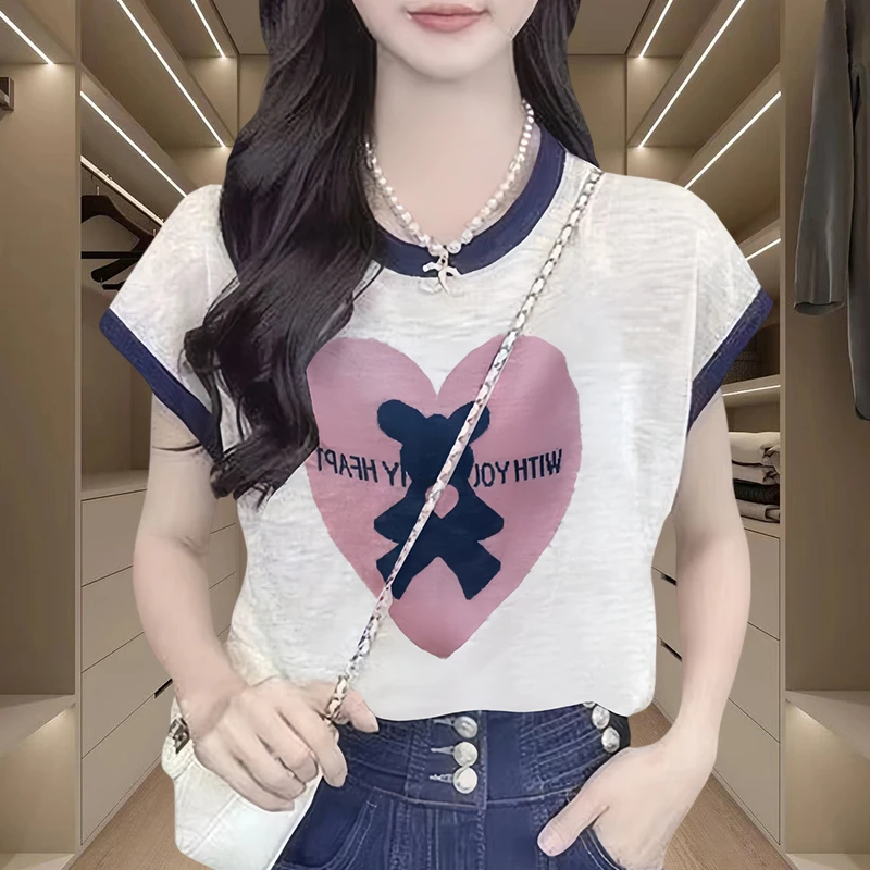 百搭宽松遮肉短袖T恤夏季时尚洋气体恤衫小众设计感印花上衣