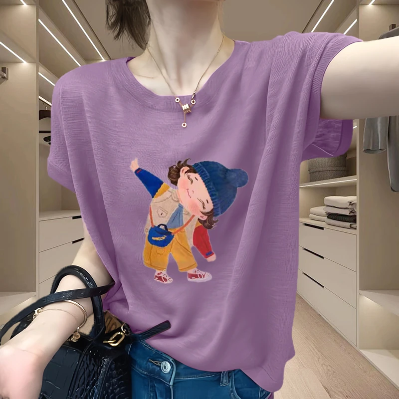 竹节棉漂亮别致印花t恤短袖女装2025新款夏季减龄洋气矮个子上衣