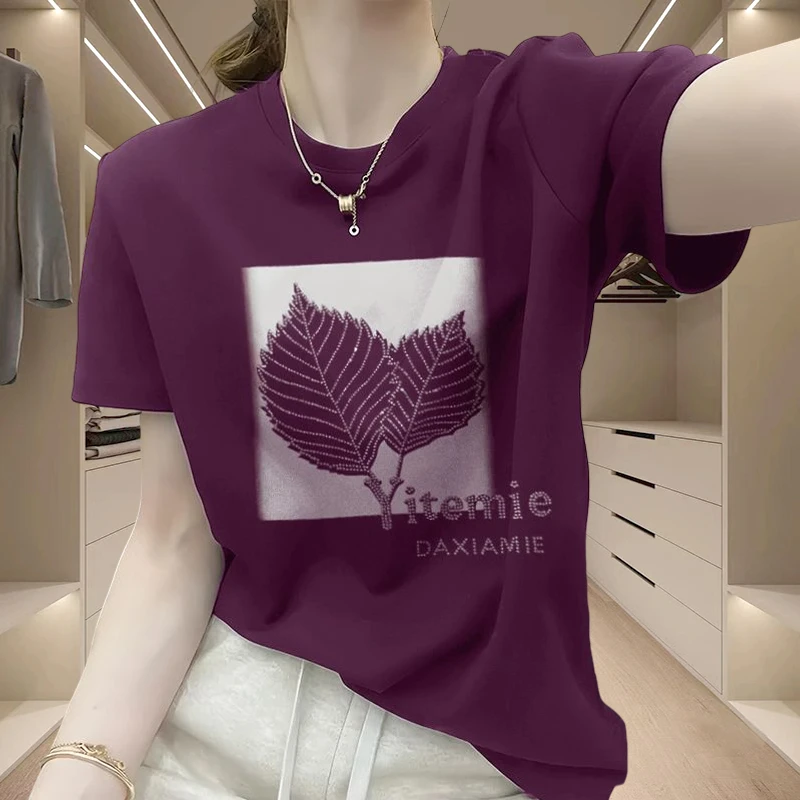 纯棉叶子印花烫钻T恤女装2025夏季新款减龄流行时尚洋气显瘦上衣