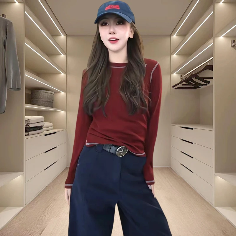 安哥拉红爆款长袖T恤女装2025新款秋季洋气修身打底衫上衣潮牌ins