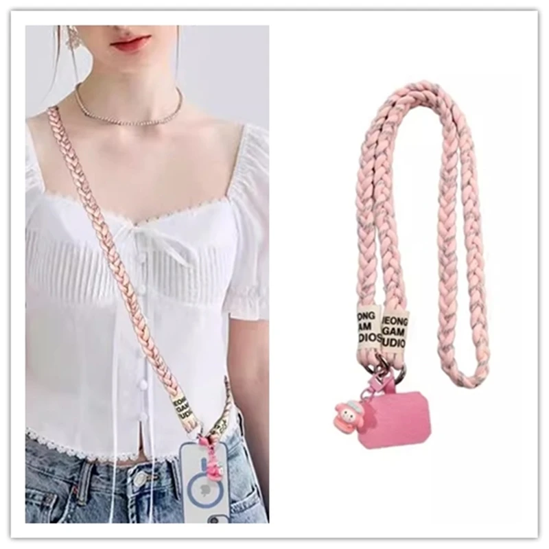可爱公仔手工编织撞色挂绳长款可背式斜挎挂脖结实链条男女通用潮
