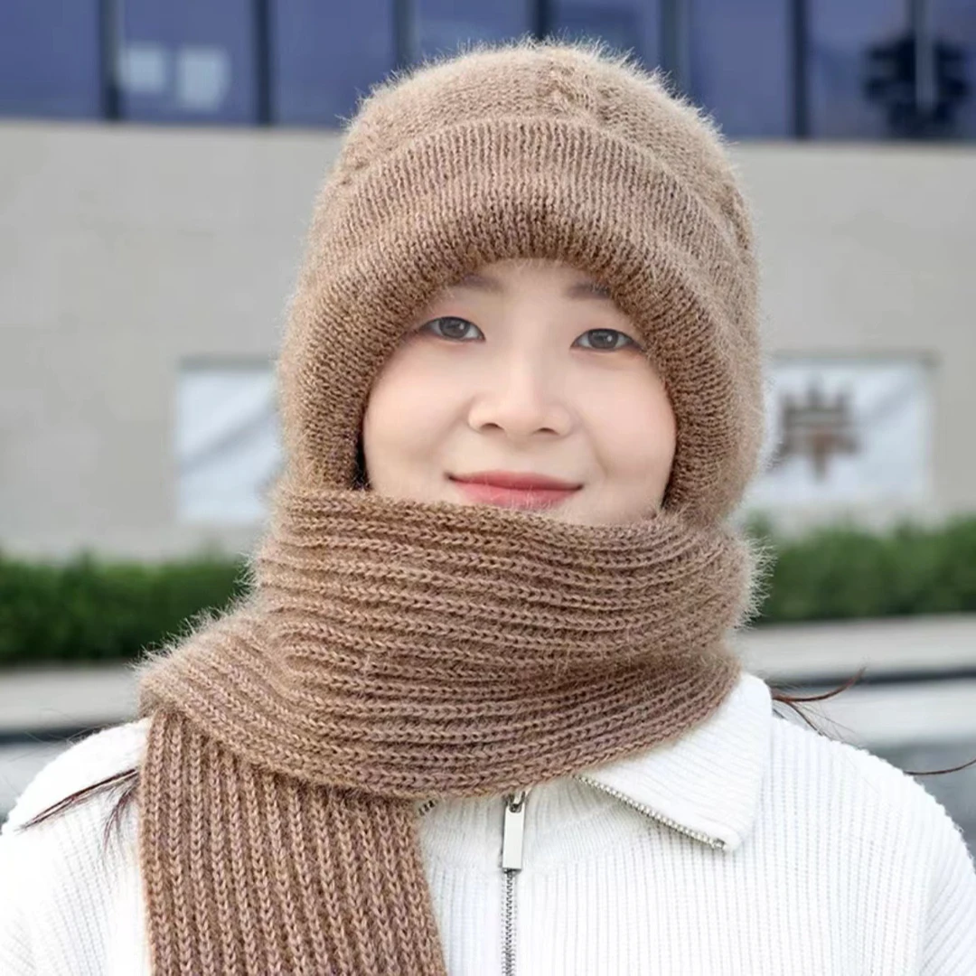 冬季新款保暖帽子女加绒加厚防寒保暖帽围巾一体松鼠绒毛线风雪帽
