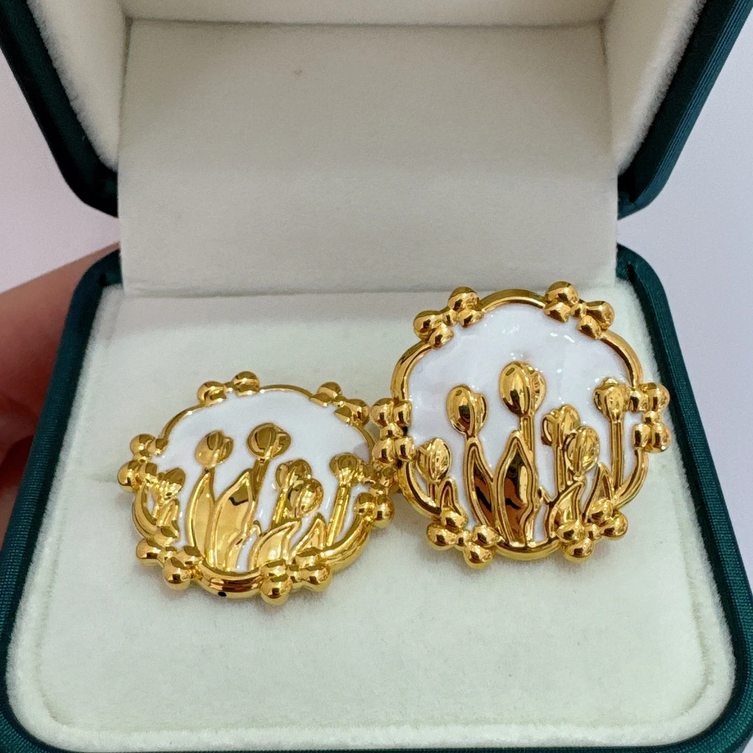 5022足金耳饰郁金香蝴蝶花边耳饰珐琅彩金耳饰女直针