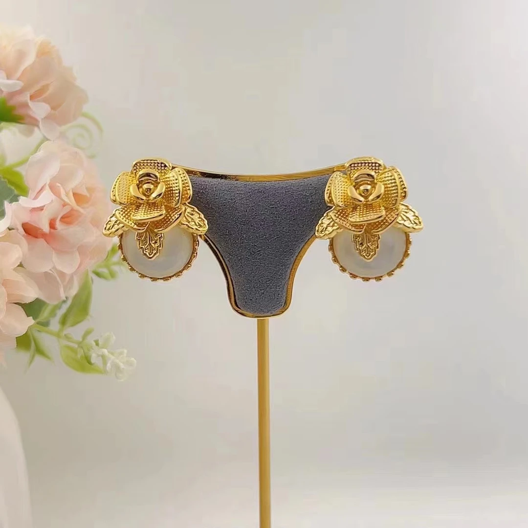 8055足金耳饰5D无氢足金镶嵌 高雅气质贝母花花耳饰金耳饰女