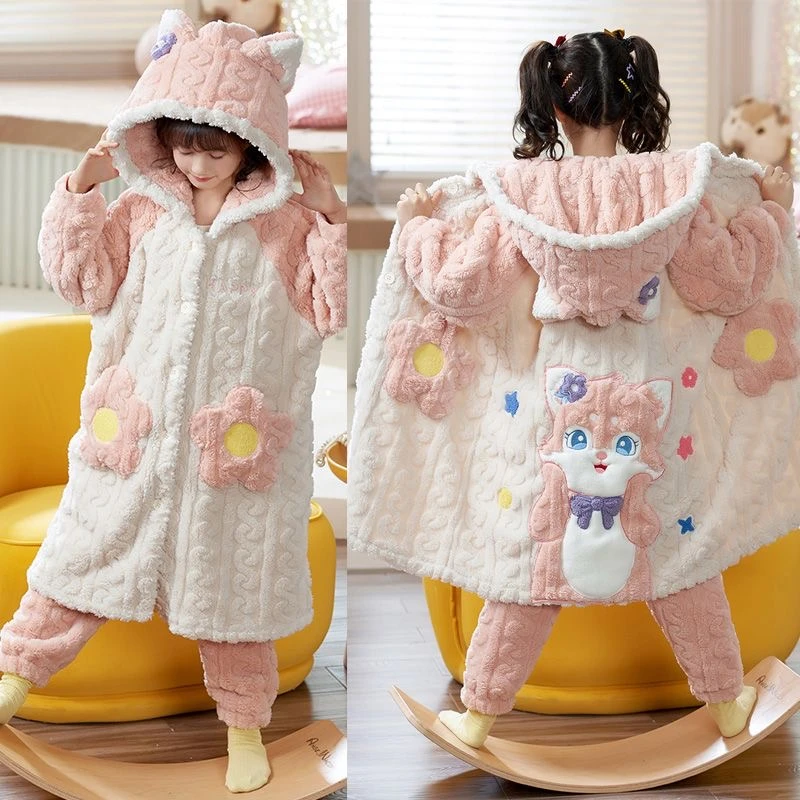 儿童睡衣女套装加绒加厚冬季可爱秋季款新珊瑚绒家居服中大童
