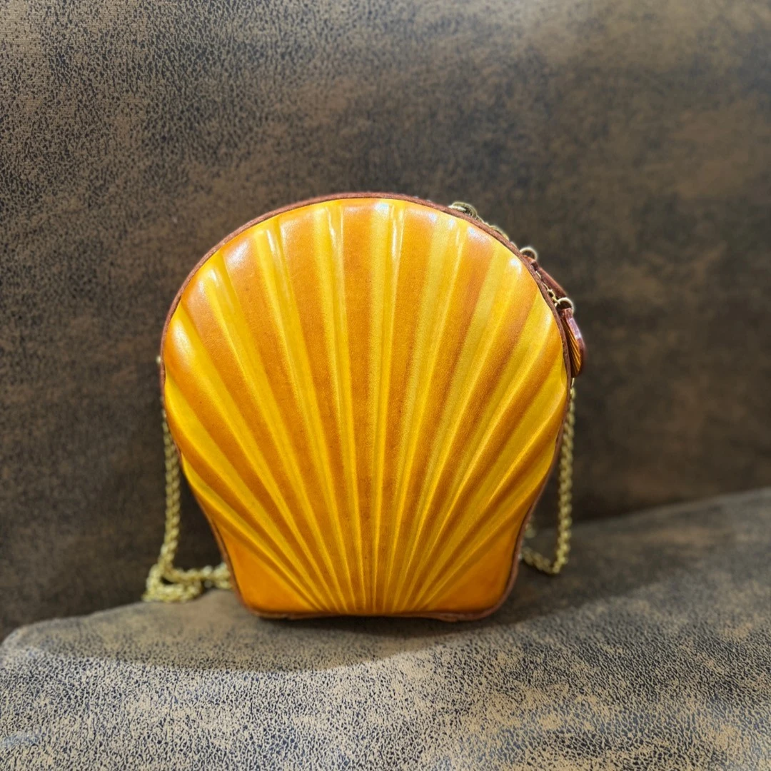 复古树膏头层牛皮女士贝壳链条斜挎手机包