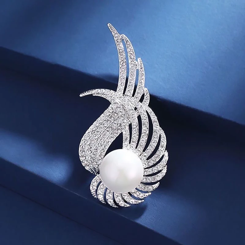 天然淡水珍珠胸针豪华胸花别针银色天使羽毛气质高档时尚百搭满钻