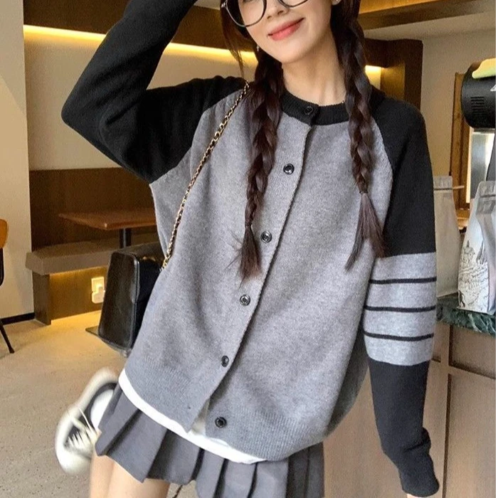 韩版宽松百搭显瘦针织衫女早秋2024新款长袖撞色开衫外套休闲上衣