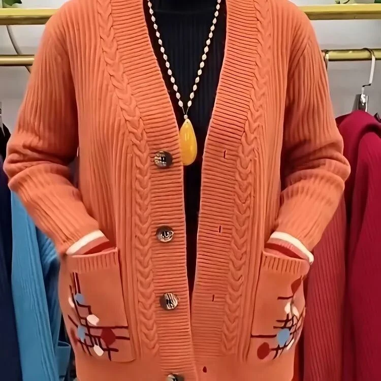 双兜圆圈针织衫开衫妈妈装打底衫外套爆款高档洋气百搭宽松上衣