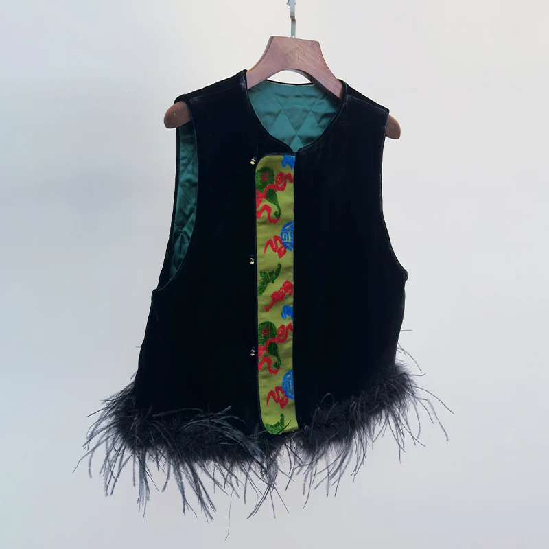 拉贝碧 福禄 新中式国风非遗古法漳缎拼接桑蚕丝马夹金丝绒马甲