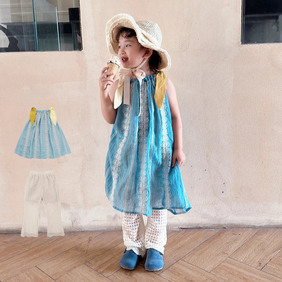 ZML  2024宝宝夏款两件套女童水蓝夏日刺绣连衣裙&蕾丝喇叭裤套装