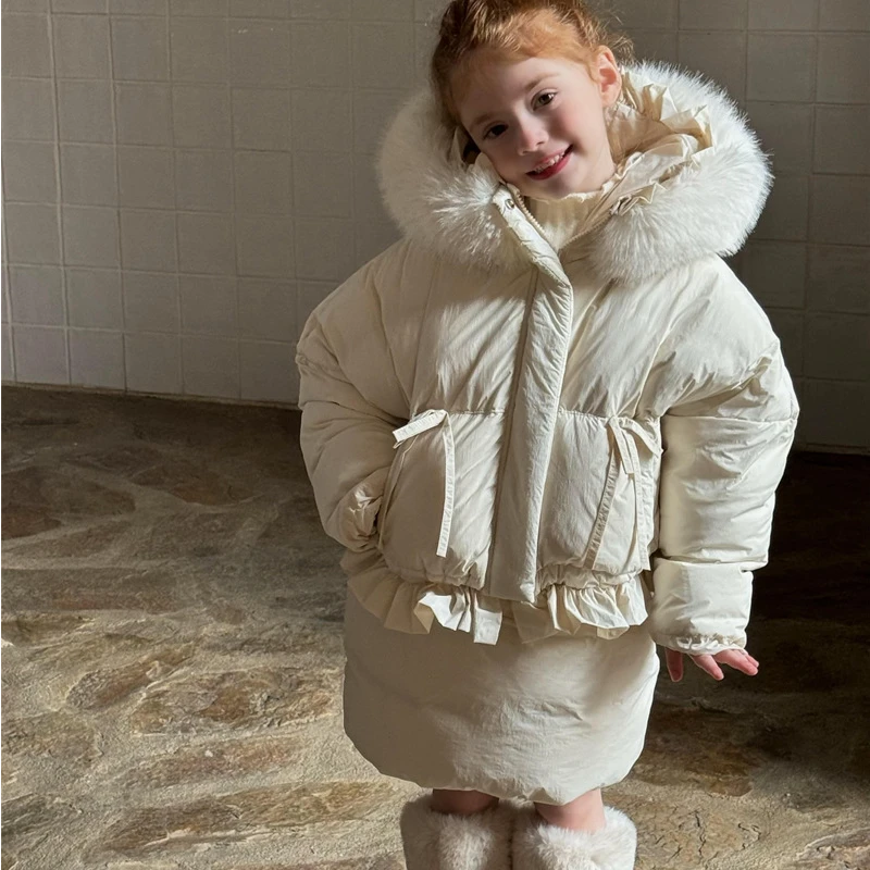 ZML 24冬季韩版女童花边连帽外套半裙羽绒服套装中小童毛领可拆卸