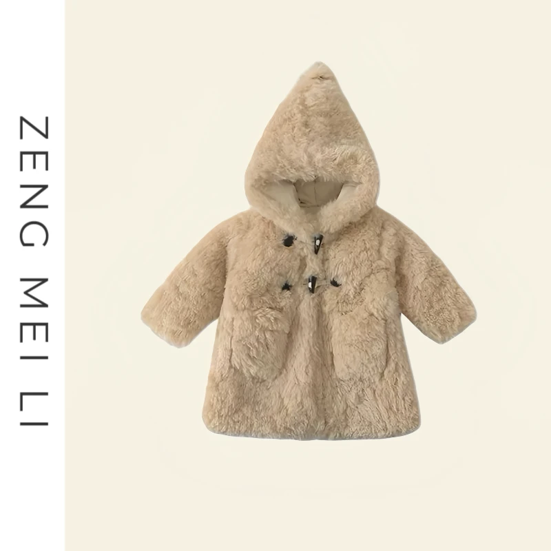 ZML （内部购）女童羊羔绒外套冬季过年加绒宝宝精灵帽毛毛夹棉大衣