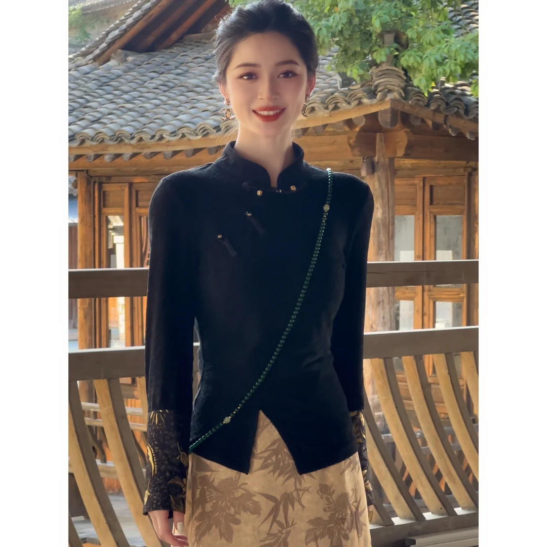 仫赐【花想容】新中式国风衬衫女秋冬高级感禅意加绒内搭上衣F9170