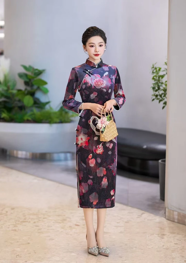 朝花 新款日常新中式秋冬丝绒加绒加厚高端优雅气质复古长款旗袍