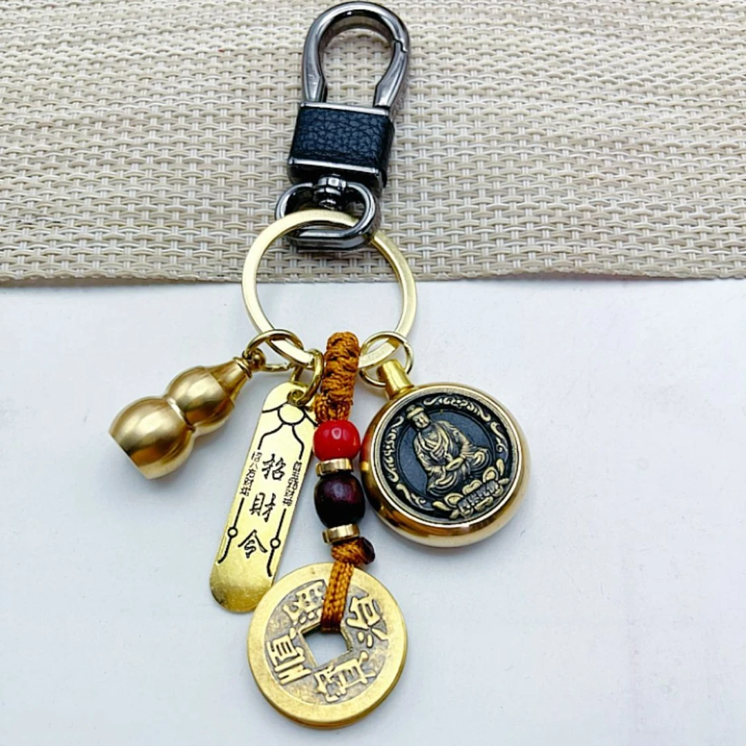 【老师推荐】纯黄铜生肖转转葫芦五帝+黑色钥匙扣
