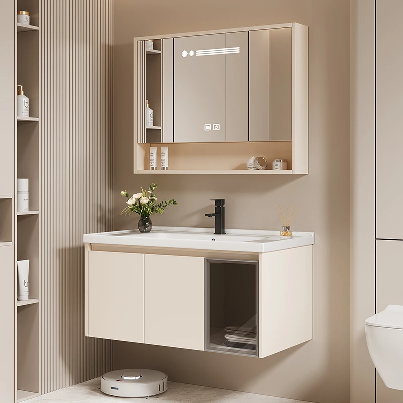 希岸奶油风浴室柜智能镜柜组合一体陶瓷洗手盆悬挂式洗漱台浴室柜