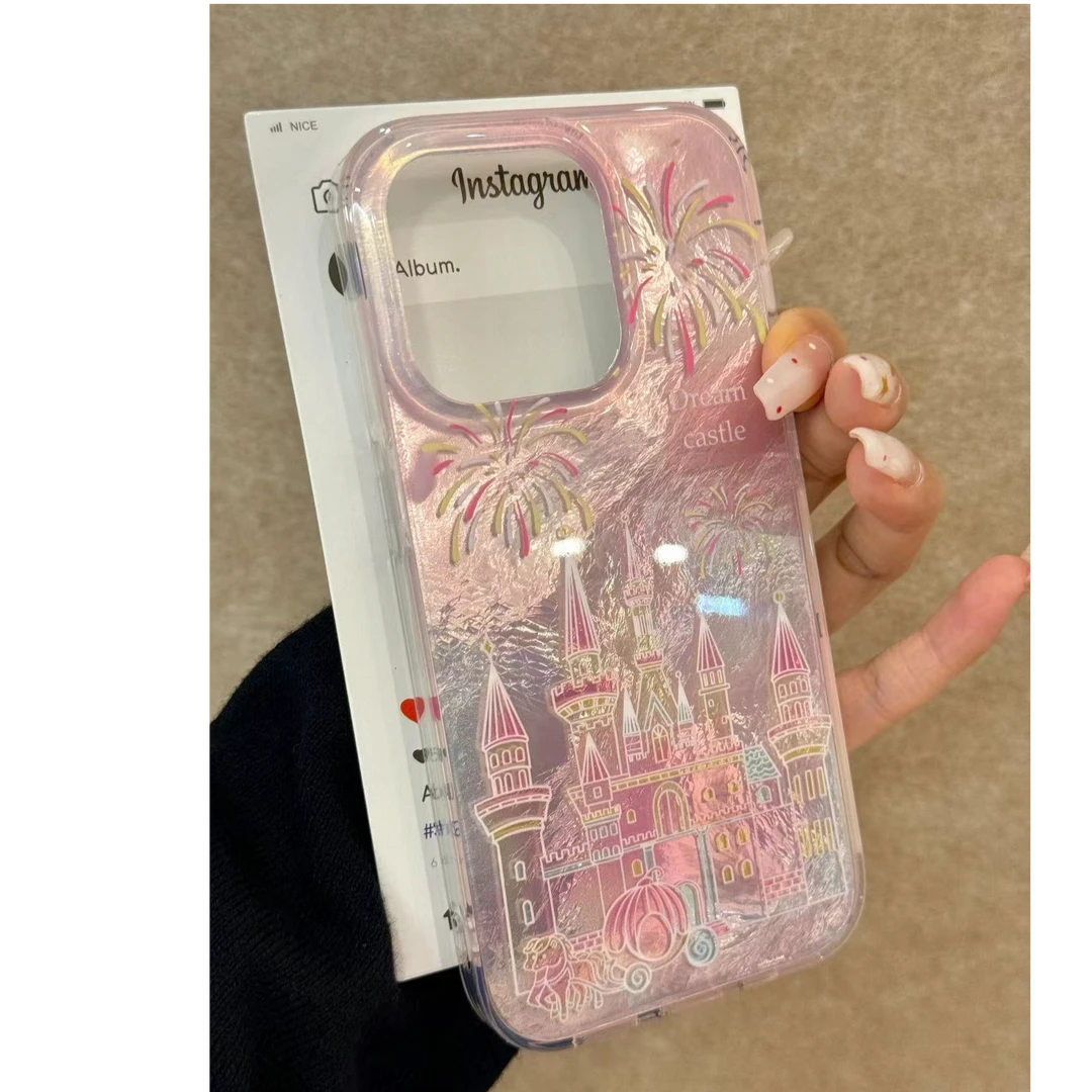 梦幻粉色烟花城堡适用苹果16/15/14高级手机壳13/12冰川11/xr少女