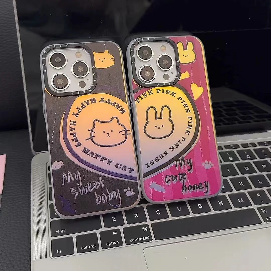 对半爱心猫咪兔子镭射极光适用苹果iPhone15promax14渐变13手机壳