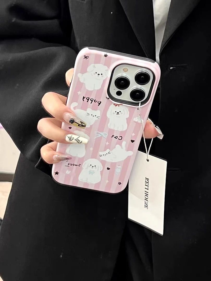 可爱条纹猫狗苹果14手机壳菲林二合一iPhone13promax大孔12卡通11