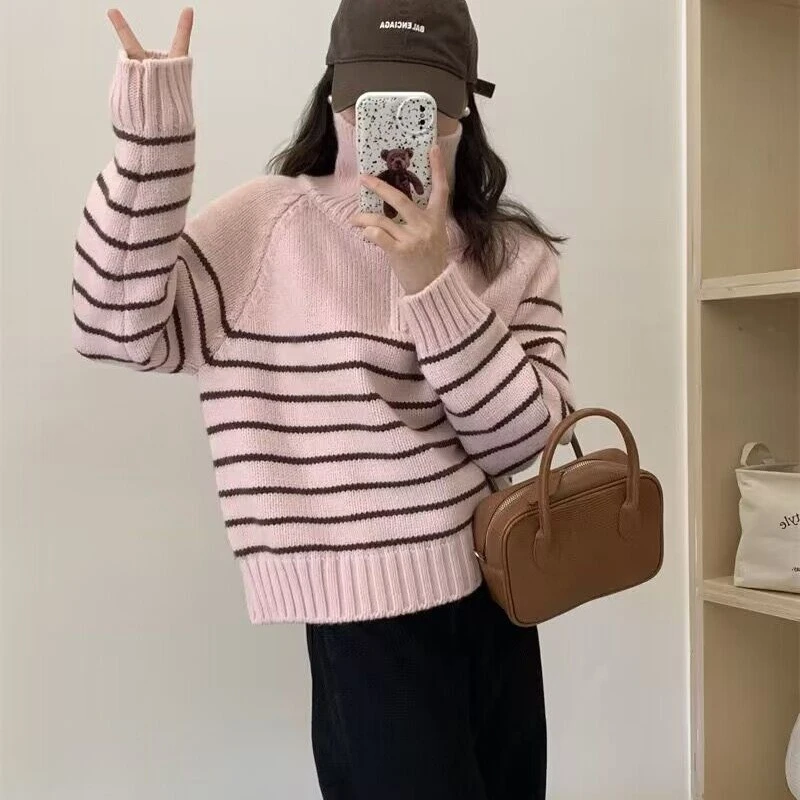 2023秋冬新韩系慵懒风条纹拉链毛衣休闲外穿减龄显瘦针织上衣韩版