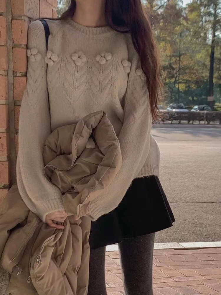 毛衣网红白色时尚宽松圆领秋冬套头圆领百搭韩版提花冬季针织轻奢