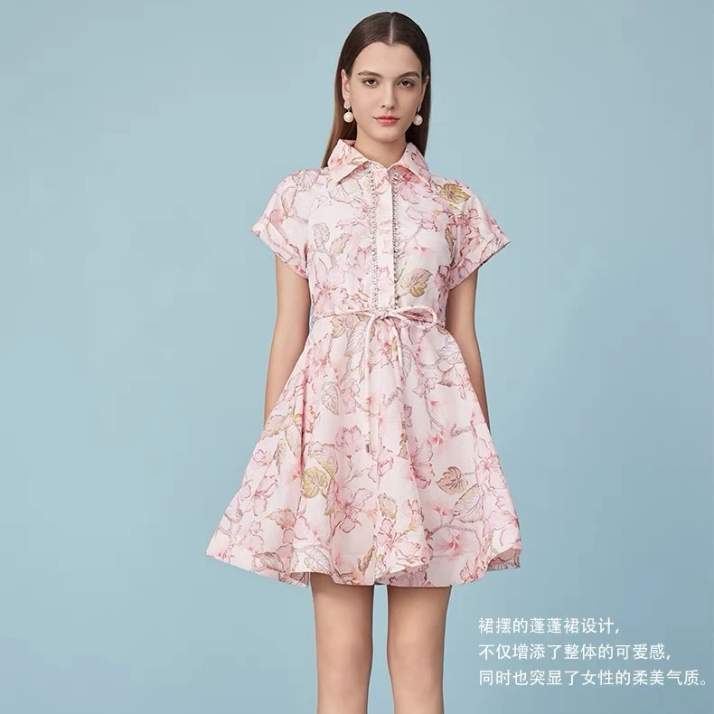 2024夏季新款印花重工钉珠度假风短裙粉色A字连衣裙6116445