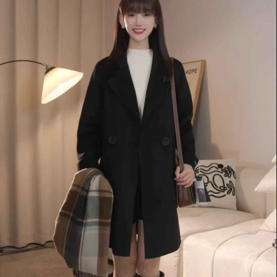 【珂珂专属】时尚休闲韩版毛呢大衣女士束腰中长款双面呢外套2230