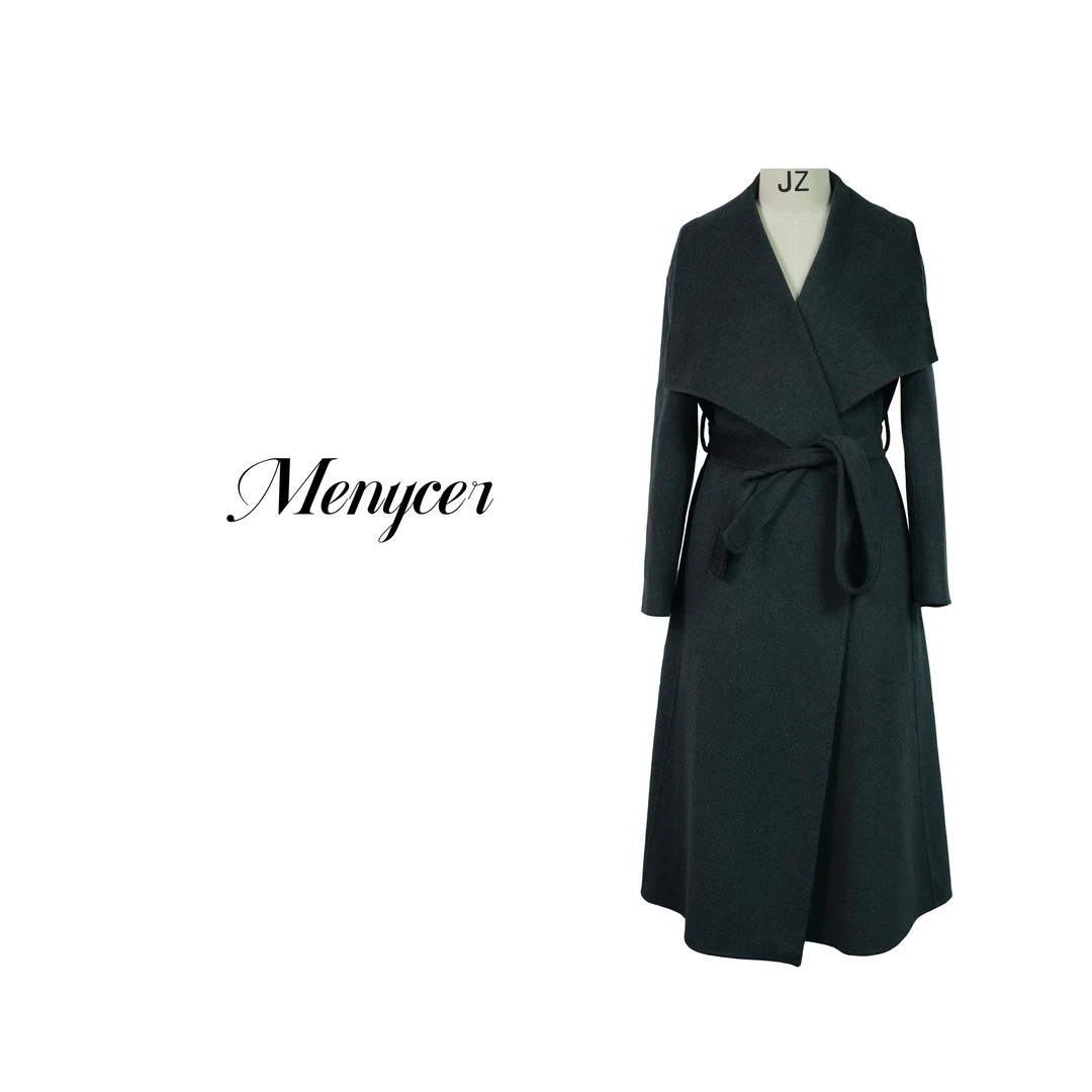 XM240317-蚕丝羊绒气质V领大翻边时尚显瘦长袖毛呢大衣
