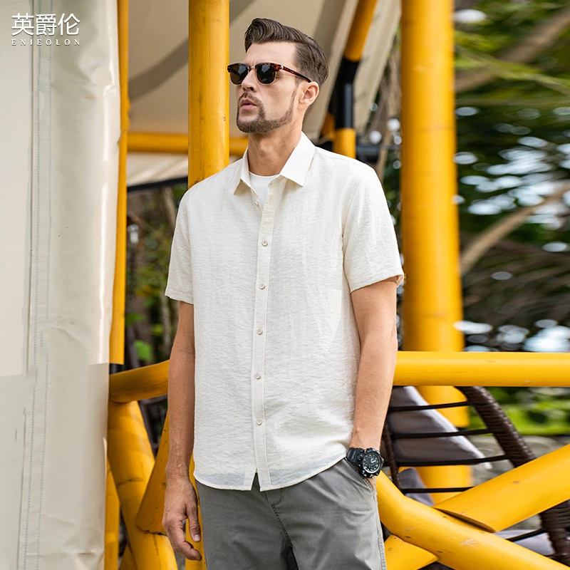 亚麻棉短袖衬衫男 薄款棉麻纯色上衣清爽透气男装休闲衬衣CX2453