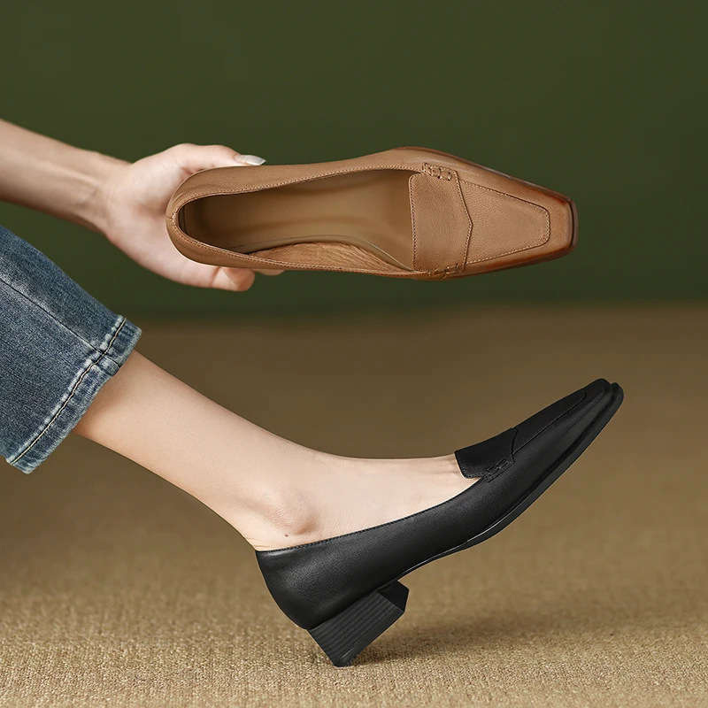 跟高3cm/尺码34-40/2023新款真皮女鞋低跟法式软底方头百搭日常