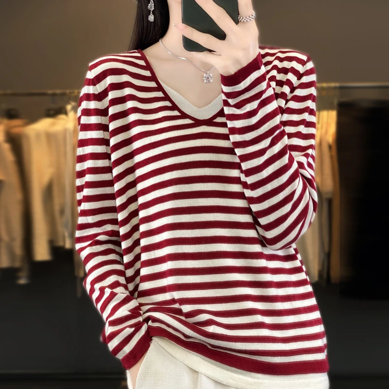 条纹针织女2024早秋新款女装打底V领假两件