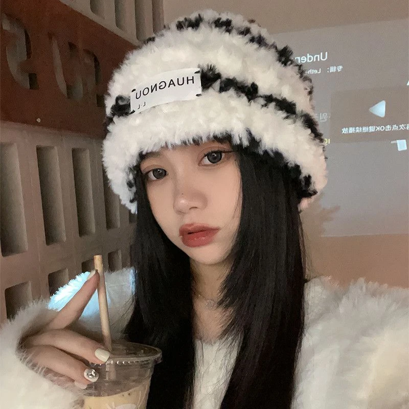 新款帽子女韩版条纹显脸小毛绒绒保暖毛线帽大头围秋冬季堆堆帽潮