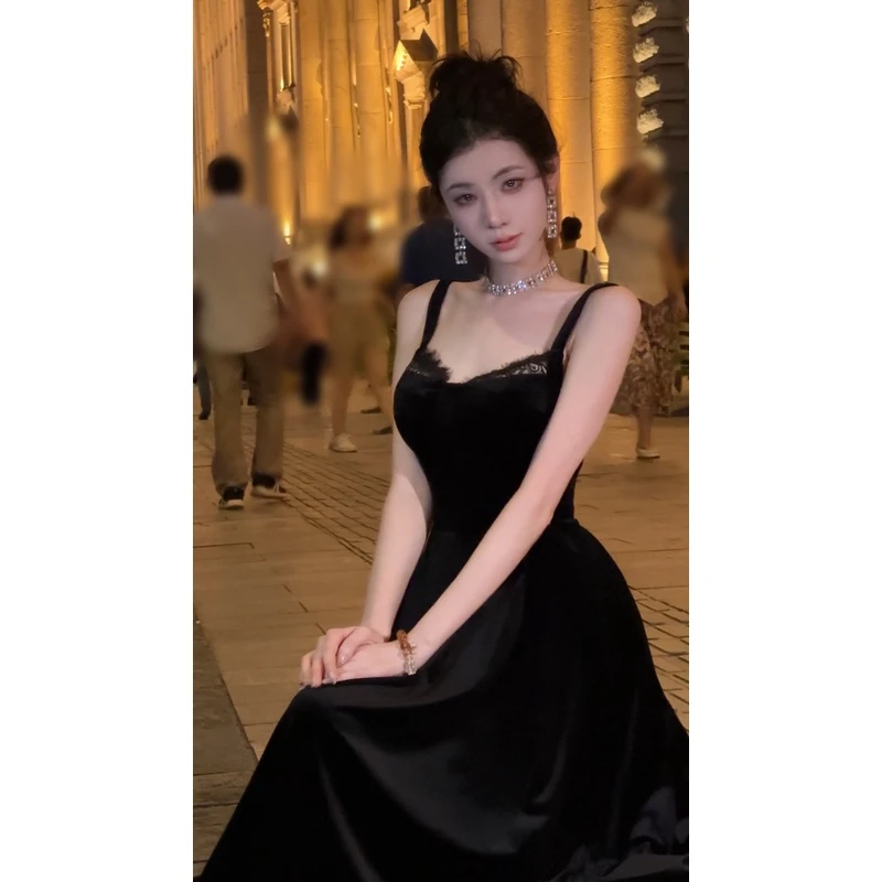 【暗号】 黑色丝绒吊带裙DYYK-23071339