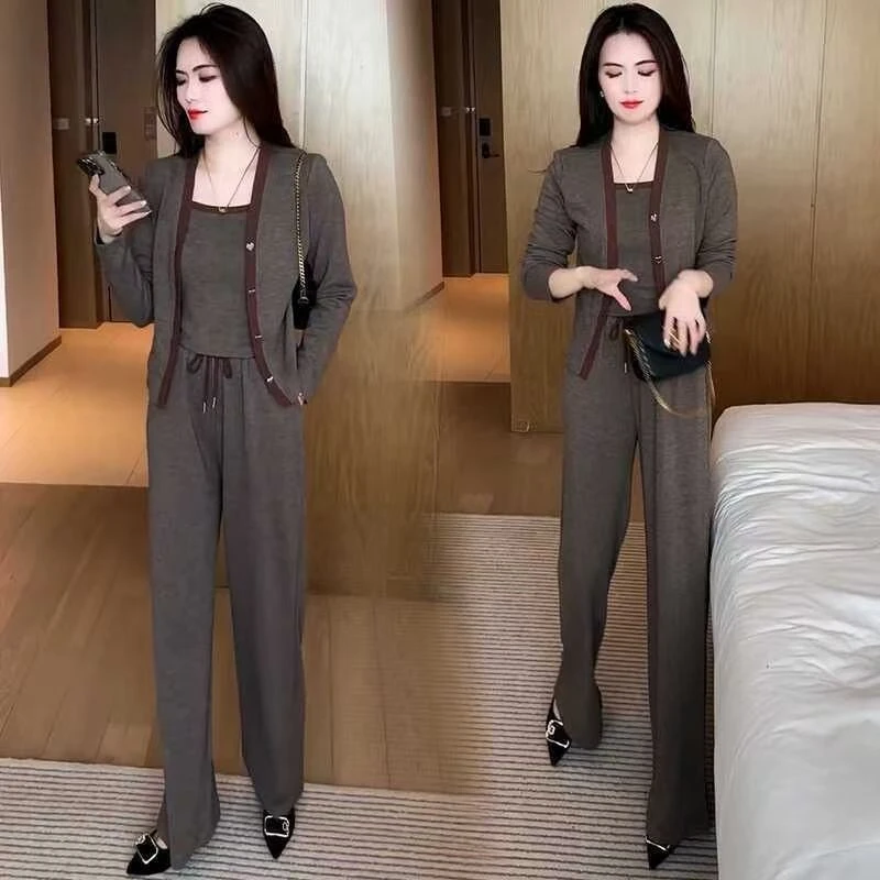 纯色休闲套装女2024春秋季新款洋气遮肉开衫外套背心阔腿裤三件套