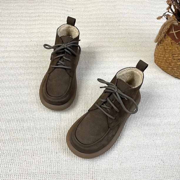 LF0601-1麦子家秋冬复古手工圆头真皮短靴加绒厚底平底牛皮女棉靴