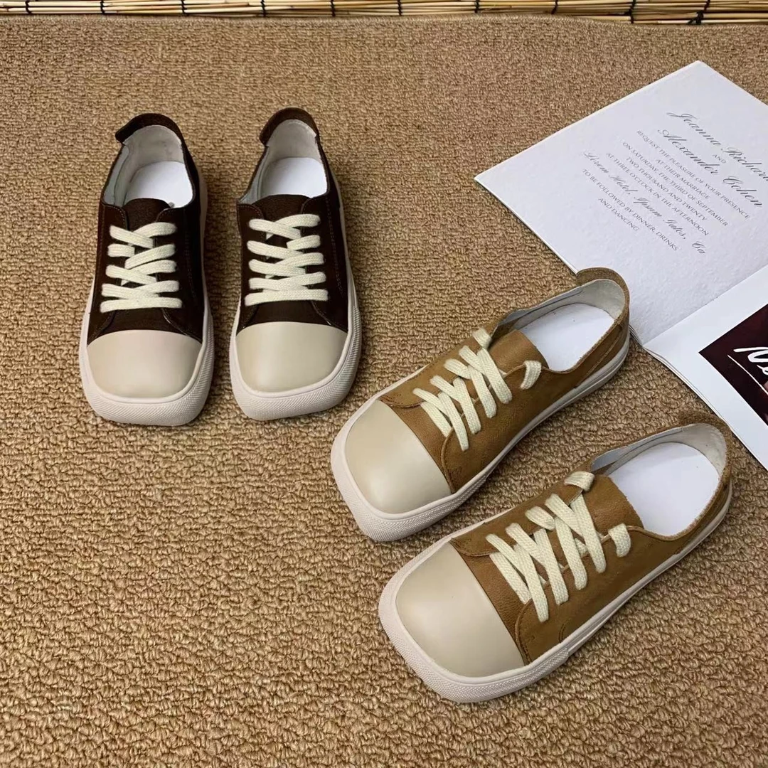 LF0181麦子家丑萌方头女鞋2022新款真皮平底复古休闲板鞋复古单鞋