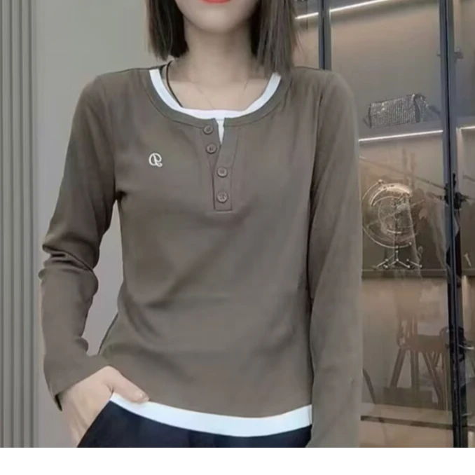 2024秋季新款时尚休闲百搭打底显瘦长袖上衣 拼接假两件套12